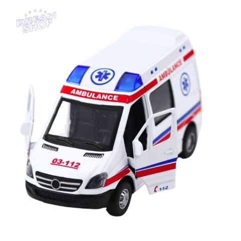 Karetka Ambulans Metalowy Z Napędem Pull Back Światła Dźwięki Biały 1:32