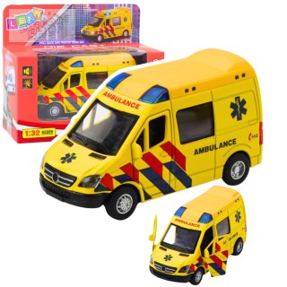 Karetka Ambulans Metalowy Z Napędem Pull Back Światła Dźwięki Żółty 1:32