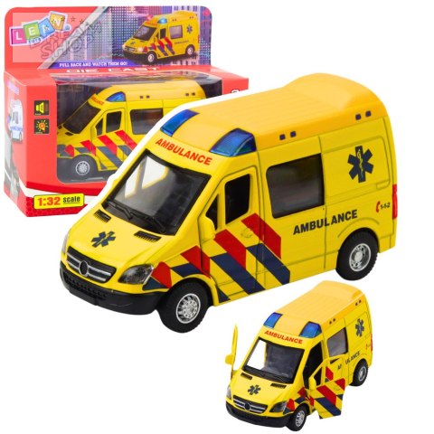 Karetka Ambulans Metalowy Z Napędem Pull Back Światła Dźwięki Żółty 1:32