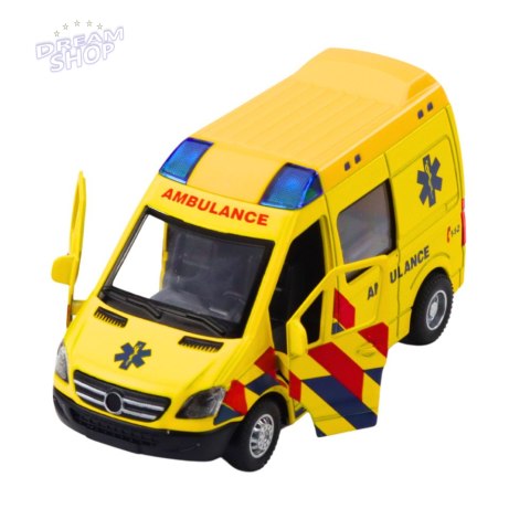 Karetka Ambulans Metalowy Z Napędem Pull Back Światła Dźwięki Żółty 1:32