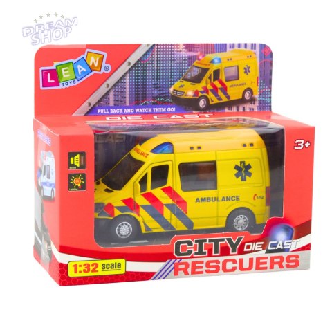 Karetka Ambulans Metalowy Z Napędem Pull Back Światła Dźwięki Żółty 1:32