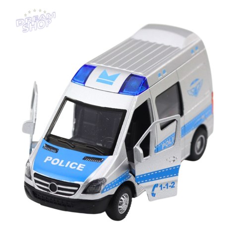 Samochód Policyjny Metalowy Z Napędem Pull Back Światła Dźwięki 1:32