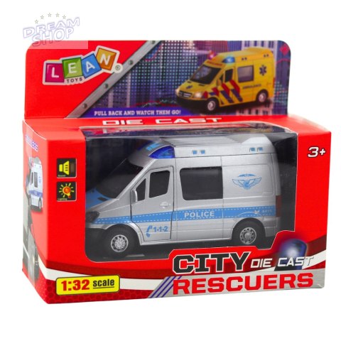 Samochód Policyjny Metalowy Z Napędem Pull Back Światła Dźwięki 1:32
