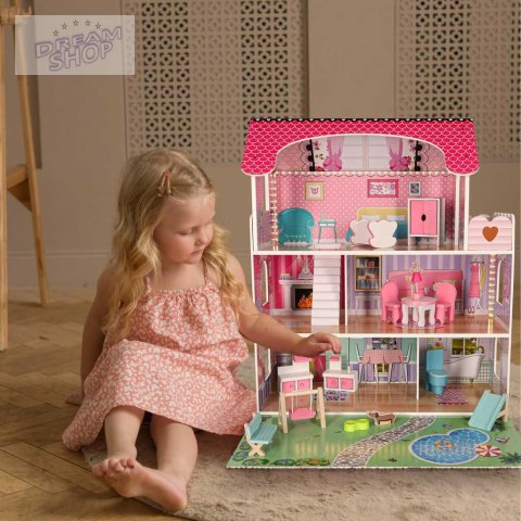 Domek dla lalek drewniany Lulilo Gardeno z ogródkiem mebelki 70cm różowy LED