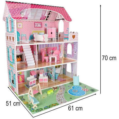 Domek dla lalek drewniany Lulilo Gardeno z ogródkiem mebelki 70cm różowy LED