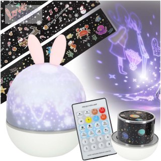 Lampka nocna projektor gwiazd LED USB obrotowy 6 motywów pilot królik