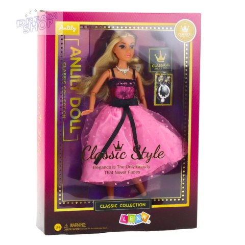 Lalka Anlily W Różowej Sukience Z Czarną Kokardą Kolczyki Naszyjnik