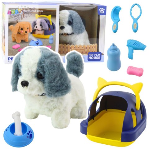 Pies Interaktywny Pluszowy Chodzi Szczeka Transporter Akcesoria Szaro-Biały