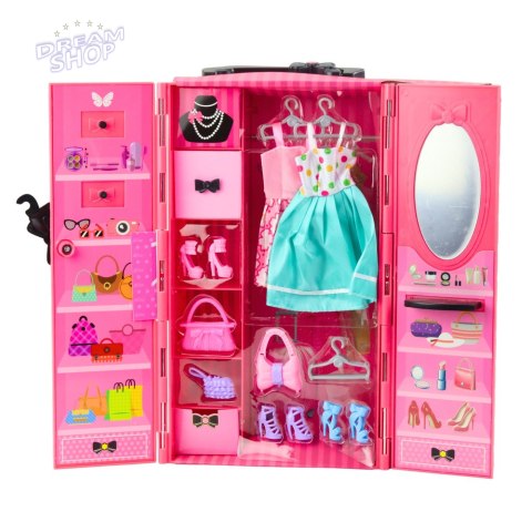 Zestaw Lalka Z Szafą Akcesoria Różowa Ubrania Dodatki Moda Przebieranki