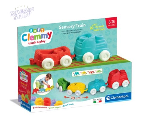 Clemmy Kolorowy Pociąg Sensoryczny Lokomotywa Wagony Klocki 70cm Clementoni 17961
