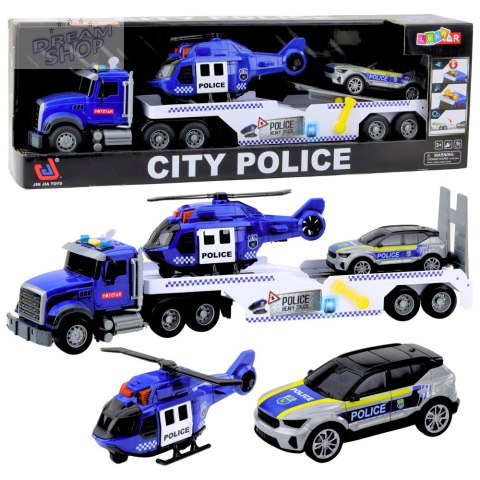 Zestaw Ciężarówka Policyjna Helikopter Auto Radiowóz Światła Dźwięki