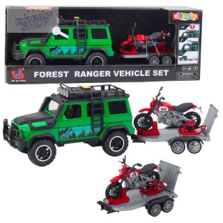 Zestaw Samochód Terenowy Z Lawetą i Motocyklem Światła Dźwięki Zielony