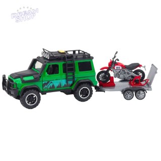 Zestaw Samochód Terenowy Z Lawetą i Motocyklem Światła Dźwięki Zielony