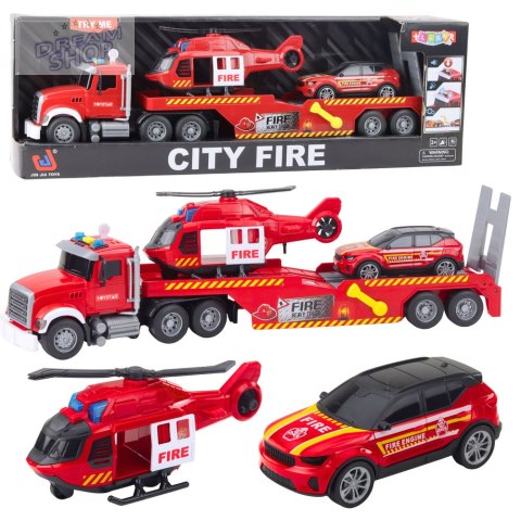 Zestaw Strażacki Laweta Helikopter Samochód Światła Dźwięki Czerwony