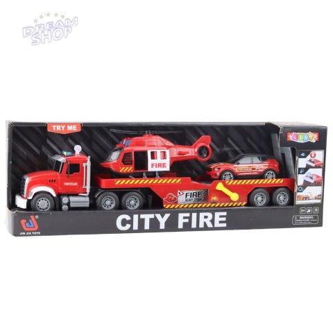 Zestaw Strażacki Laweta Helikopter Samochód Światła Dźwięki Czerwony