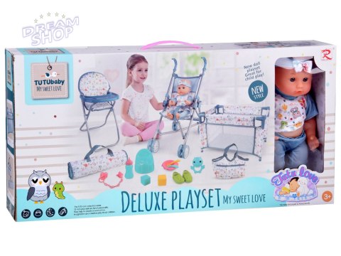 Zestaw Deluxe Lalka Bobas Wózek Łóżeczko Krzesełko akcesoria 16 ele ZA5917