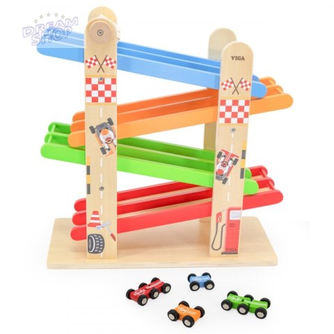 VIGA Drewniana Podwójna Zjeżdżalnia Dla Samochodzików Tor Wyścigowy