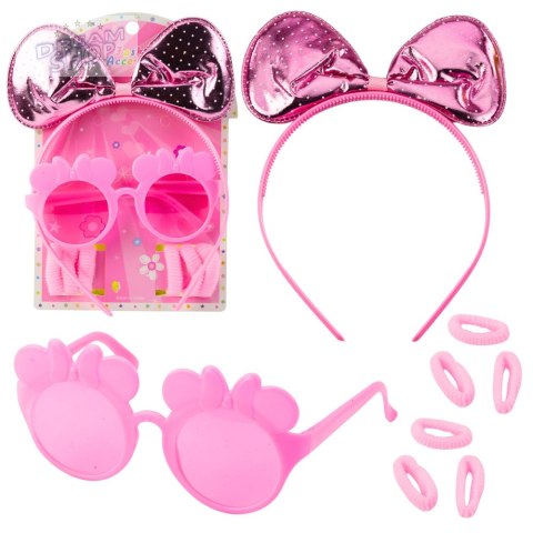 Zestaw Piękności Opaska Do Włosów Z Kokardą Okulary Gumki Różowe
