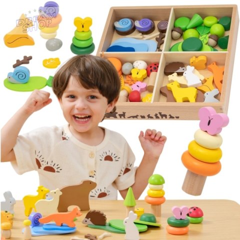 VIGA Drewniane Klocki Kolorowe Leśne Opowieści Pudełko 58el.