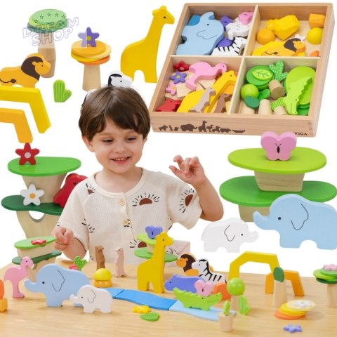 VIGA Drewniane Klocki Kolorowe Opowieści Tropikalne Pudełko 55el.