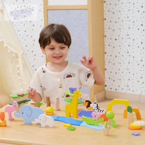 VIGA Drewniane Klocki Kolorowe Opowieści Tropikalne Pudełko 55el.