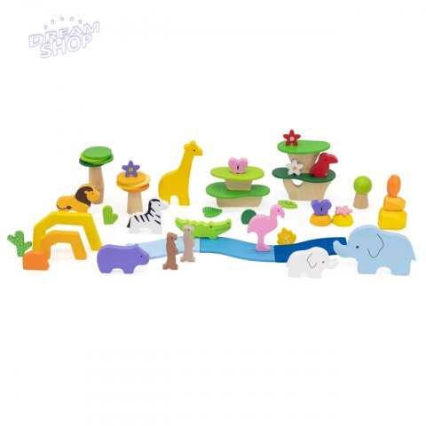 VIGA Drewniane Klocki Kolorowe Opowieści Tropikalne Pudełko 55el.