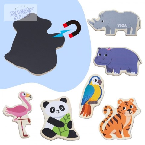 VIGA Drewniane Magnesy Dzikie Zwierzęta - Kolorowe Magnesy Edukacyjne 18M+