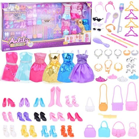 Bogaty zestaw Sukienki Buty Torebki Błyszczące dodatki dla lalki ZA5417