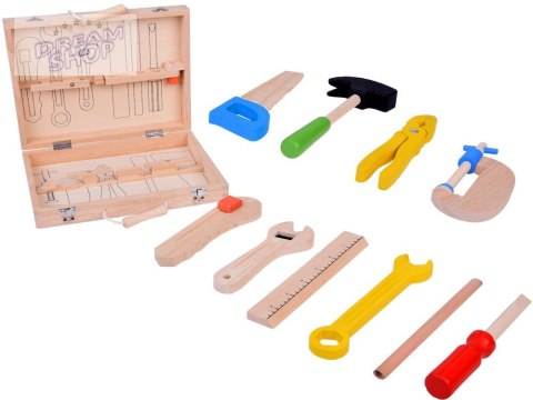 Drewniana Walizka z narzędziami Młotek Piła Śrubokręt 10 narzędzi ZA5382