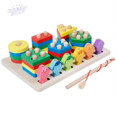 Drewniana Zabawka Edukacyjna 2w1 dla dzieci 3+ Układanka sensoryczna + Gra Łowienie rybek