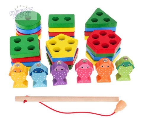 Drewniana Zabawka Edukacyjna 2w1 dla dzieci 3+ Układanka sensoryczna + Gra Łowienie rybek