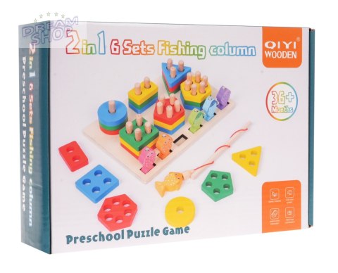 Drewniana Zabawka Edukacyjna 2w1 dla dzieci 3+ Układanka sensoryczna + Gra Łowienie rybek