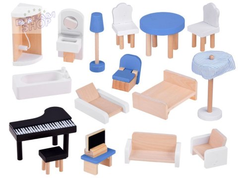 Drewniany błękitny domek dla lalek + mebelki 3 piętra teras ZA5273