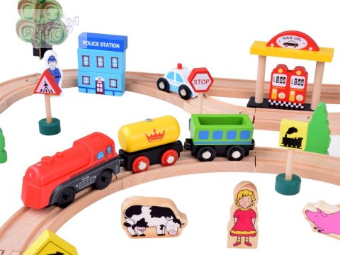 Duży ZESTAW kolejka drewniana lokomotywa na baterie figurki 80 ele ZA3573
