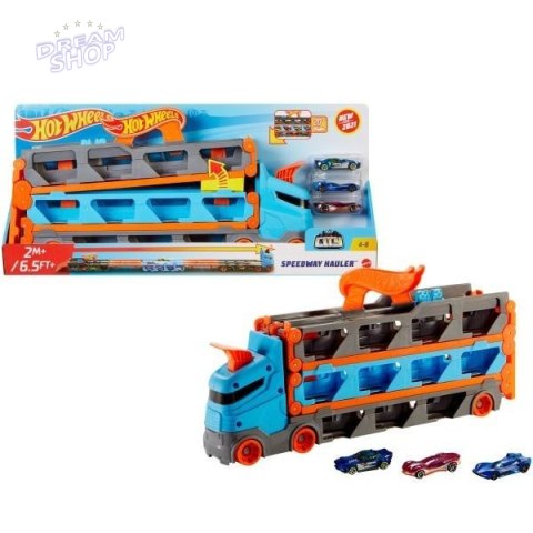 Hot Wheels Wyścigowy transporter 2w1 + 3 auta