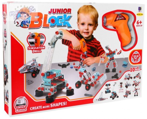 Klocki konstrukcyjne dla dzieci 6+ Elektryczna wkrętarka + Narzędzia + 10 modeli do zbudowania 552 el.