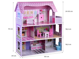 RÓŻOWY Drewniany domek dla lalek + mebelki + oświetlenie LED ZA4130