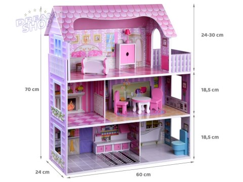 RÓŻOWY Drewniany domek dla lalek + mebelki + oświetlenie LED ZA4130