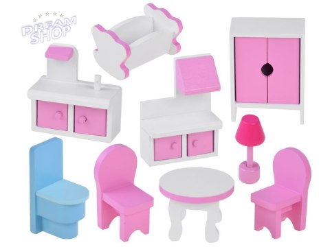 RÓŻOWY Drewniany domek dla lalek + mebelki + oświetlenie LED ZA4130
