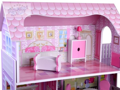 RÓŻOWY Drewniany domek dla lalek + mebelki + oświetlenie LED ZA4130