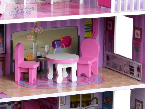 RÓŻOWY Drewniany domek dla lalek + mebelki + oświetlenie LED ZA4130