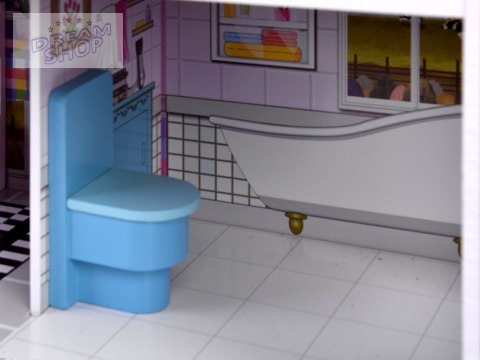 RÓŻOWY Drewniany domek dla lalek + mebelki + oświetlenie LED ZA4130