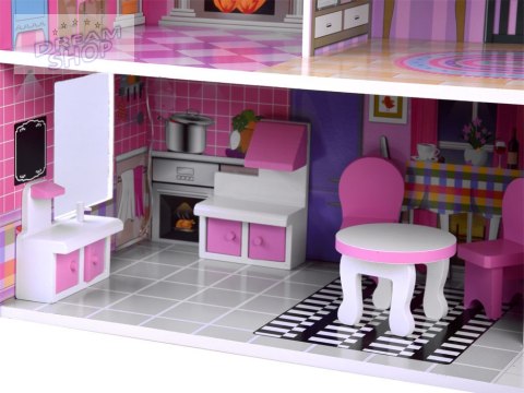 RÓŻOWY Drewniany domek dla lalek + mebelki + oświetlenie LED ZA4130