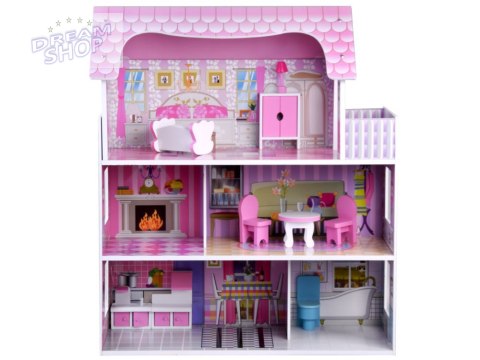 RÓŻOWY Drewniany domek dla lalek + mebelki + oświetlenie LED ZA4130