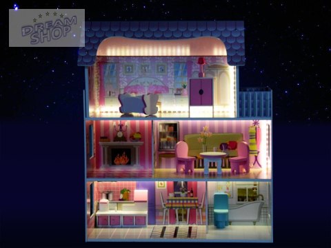 RÓŻOWY Drewniany domek dla lalek + mebelki + oświetlenie LED ZA4130