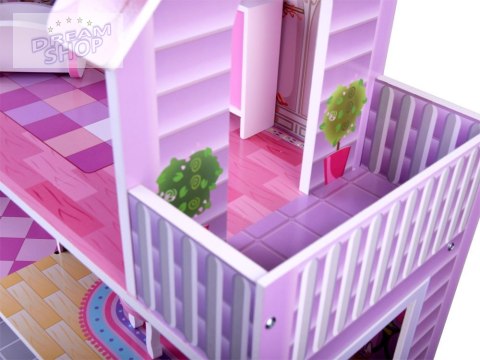 RÓŻOWY Drewniany domek dla lalek + mebelki + oświetlenie LED ZA4130