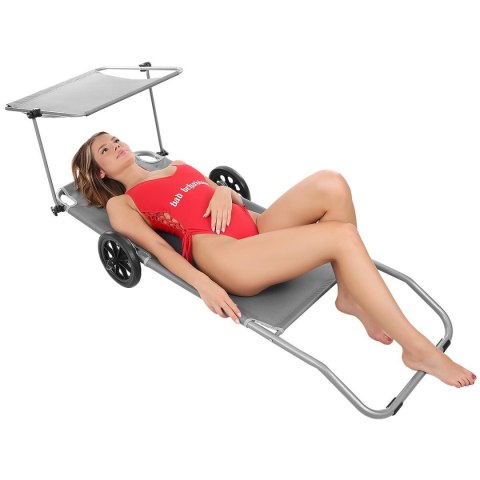 LEŻAK SKŁADANY PLAŻOWY Z DASZKIEM NA KÓŁKACH 116x62x62-90CM SZARY