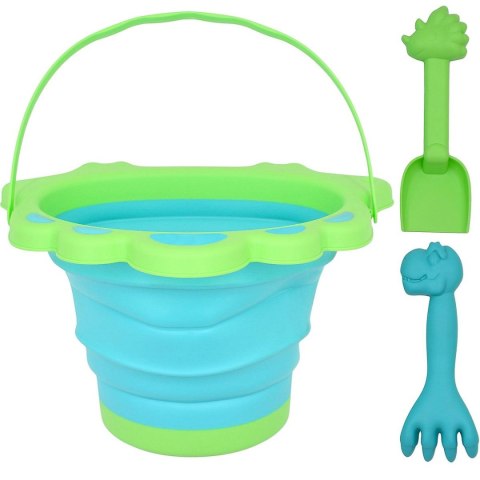 WIADERKO DO PIASKU SKŁADANE DINOZAUR Z ŁOPATKĄ I GRABKAMI ZIELONE