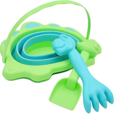 WIADERKO DO PIASKU SKŁADANE DINOZAUR Z ŁOPATKĄ I GRABKAMI ZIELONE