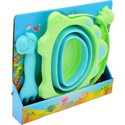 WIADERKO DO PIASKU SKŁADANE DINOZAUR Z ŁOPATKĄ I GRABKAMI ZIELONE